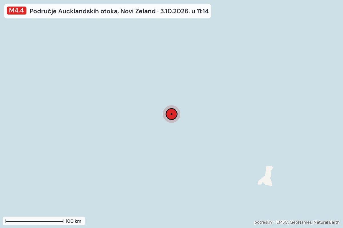Karta: šire područje, 600 km, potres M4,4, Područje Aucklandskih otoka, Novi Zeland, 3.10.2026.