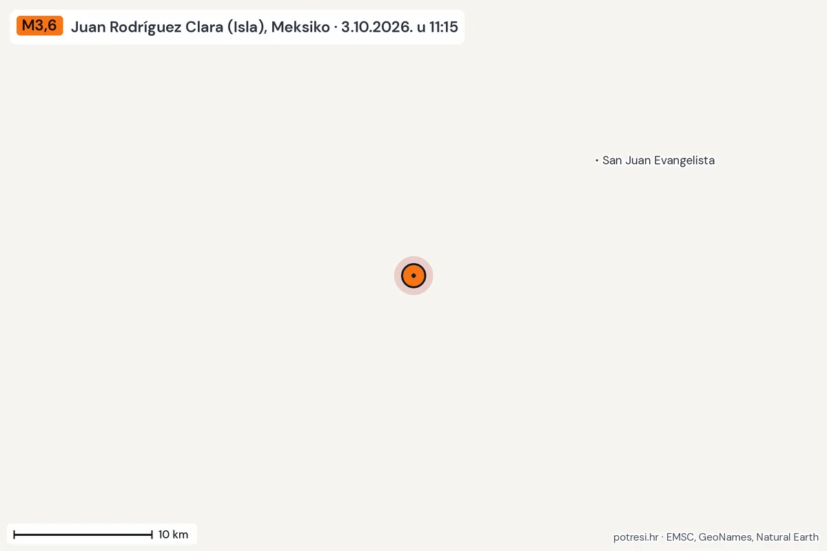 Karta: okolica epicentra, 60 km, potres M3,6, Juan Rodríguez Clara (Isla), Meksiko, 3.10.2026.