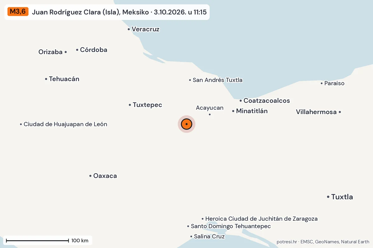 Karta: šire područje, 600 km, potres M3,6, Juan Rodríguez Clara (Isla), Meksiko, 3.10.2026.