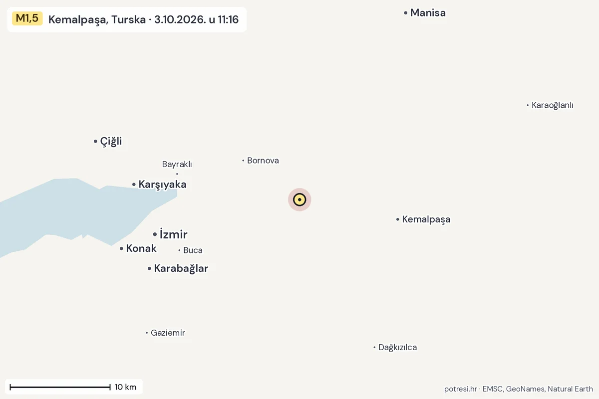 Karta: okolica epicentra, 60 km, potres M1,5, Kemalpaşa, Turska, 3.10.2026.