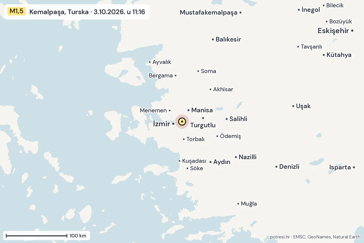 Karta: šire područje, 600 km, potres M1,5, Kemalpaşa, Turska, 3.10.2026.