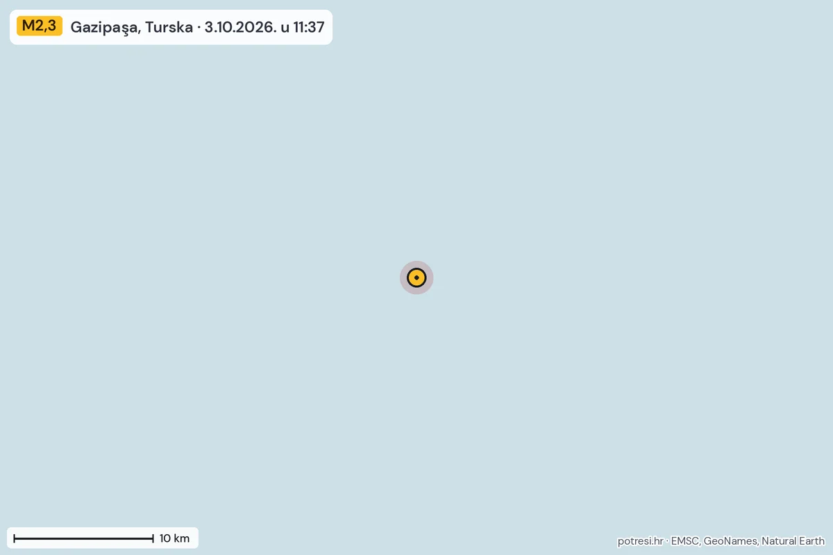 Karta: okolica epicentra, 60 km, potres M2,3, Gazipaşa, Turska, 3.10.2026.