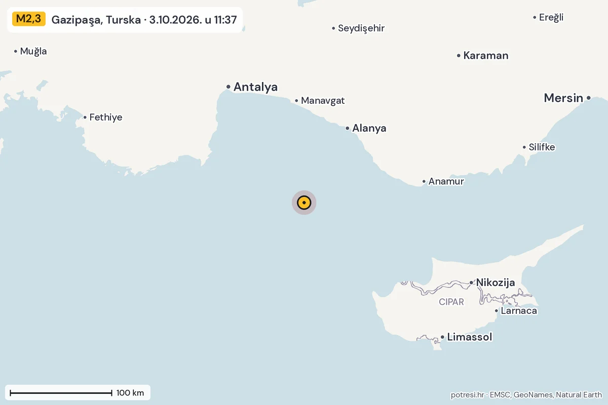 Karta: šire područje, 600 km, potres M2,3, Gazipaşa, Turska, 3.10.2026.