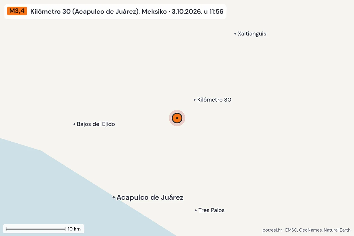 Karta: okolica epicentra, 60 km, potres M3,4, Kilómetro 30 (Acapulco de Juárez), Meksiko, 3.10.2026.