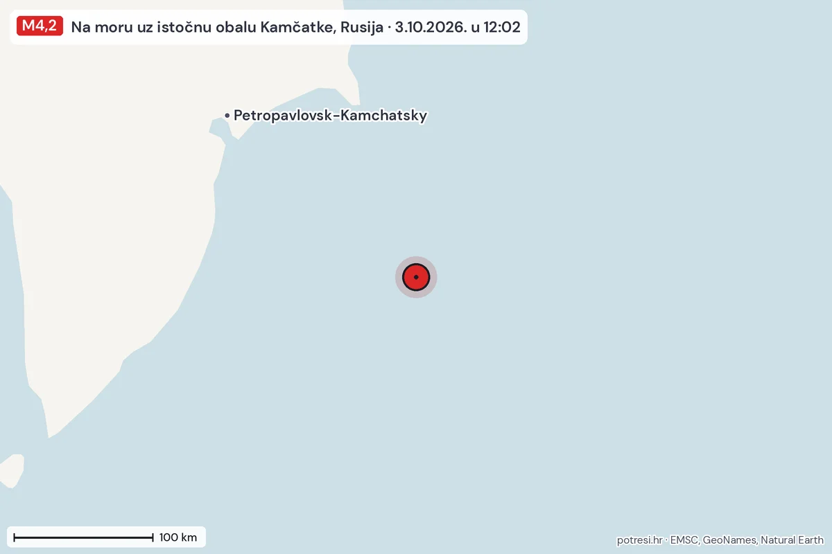 Karta: šire područje, 600 km, potres M4,2, Na moru uz istočnu obalu Kamčatke, Rusija, 3.10.2026.