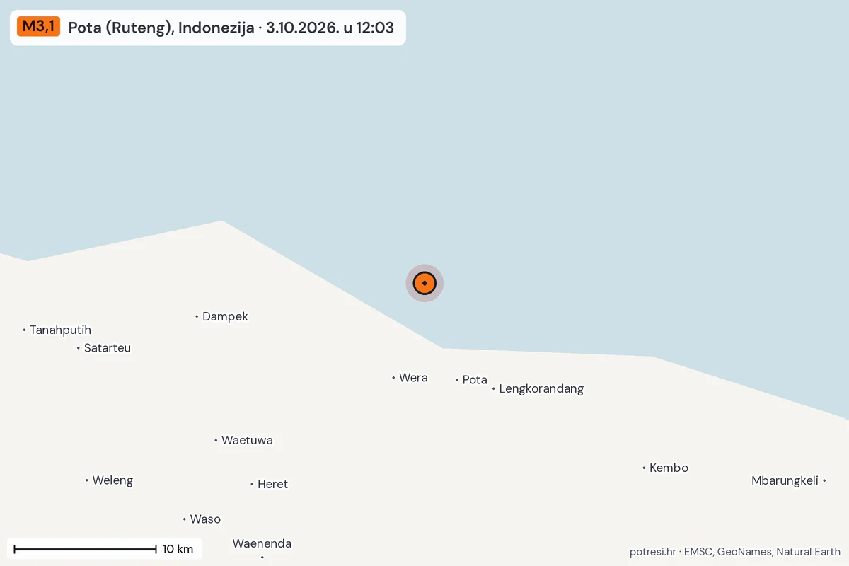 Karta: okolica epicentra, 60 km, potres M3,1, Pota (Ruteng), Indonezija, 3.10.2026.
