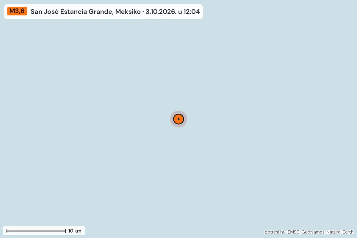 Karta: okolica epicentra, 60 km, potres M3,6, San José Estancia Grande, Meksiko, 3.10.2026.