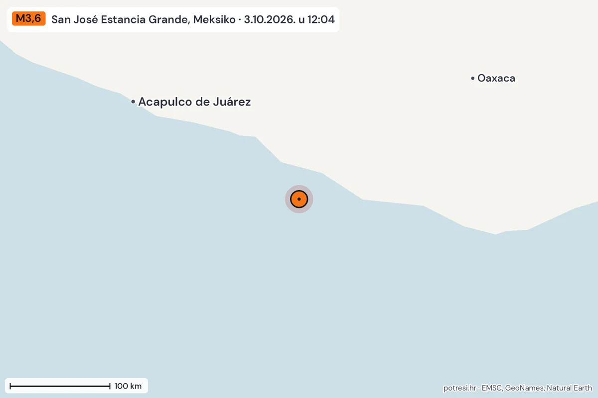 Karta: šire područje, 600 km, potres M3,6, San José Estancia Grande, Meksiko, 3.10.2026.