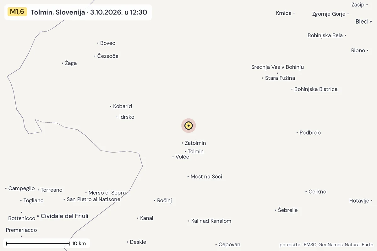 Karta: okolica epicentra, 60 km, potres M1,6, Tolmin, Slovenija, 3.10.2026.
