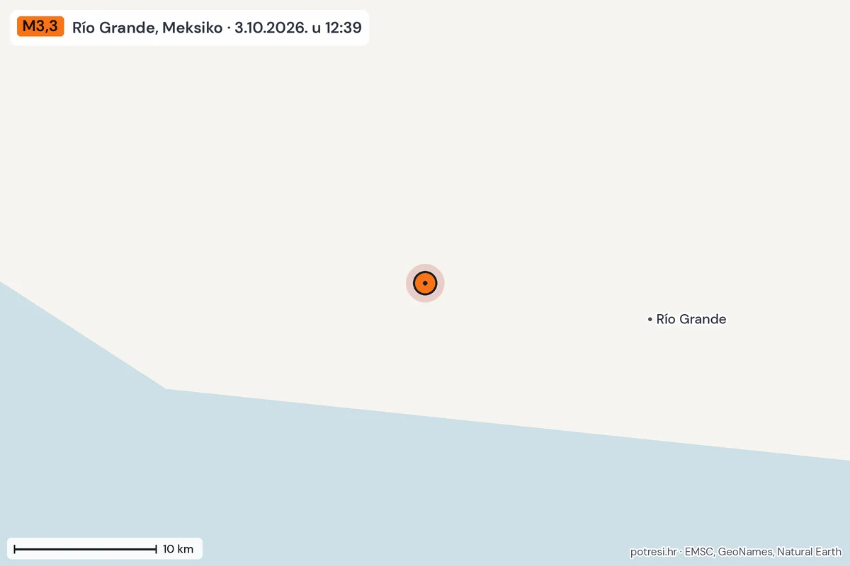 Karta: okolica epicentra, 60 km, potres M3,3, Río Grande, Meksiko, 3.10.2026.