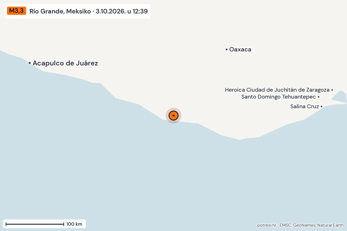 Karta: šire područje, 600 km, potres M3,3, Río Grande, Meksiko, 3.10.2026.