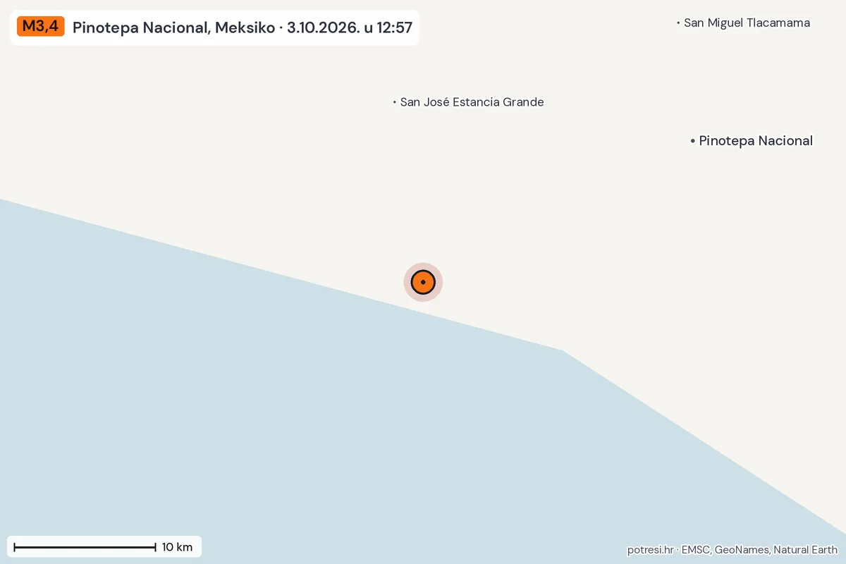 Karta: okolica epicentra, 60 km, potres M3,4, Pinotepa Nacional, Meksiko, 3.10.2026.