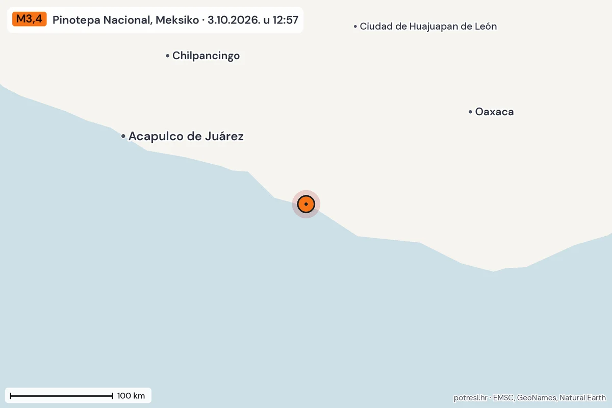 Karta: šire područje, 600 km, potres M3,4, Pinotepa Nacional, Meksiko, 3.10.2026.