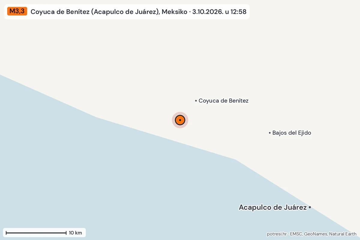 Karta: okolica epicentra, 60 km, potres M3,3, Coyuca de Benítez (Acapulco de Juárez), Meksiko, 3.10.2026.