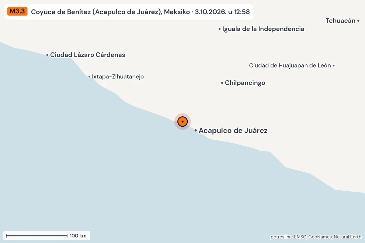 Karta: šire područje, 600 km, potres M3,3, Coyuca de Benítez (Acapulco de Juárez), Meksiko, 3.10.2026.