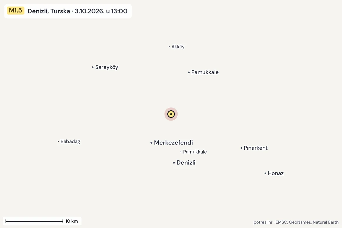 Karta: okolica epicentra, 60 km, potres M1,5, Denizli, Turska, 3.10.2026.