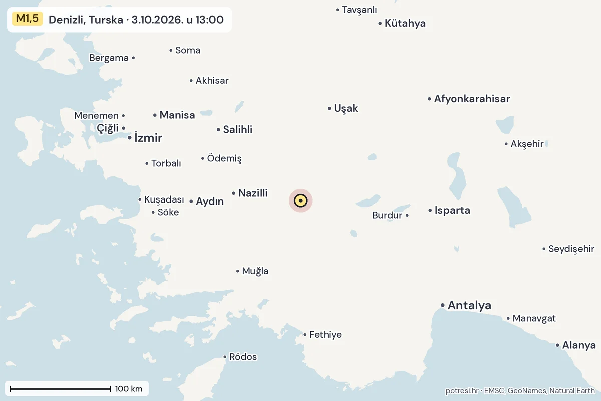 Karta: šire područje, 600 km, potres M1,5, Denizli, Turska, 3.10.2026.