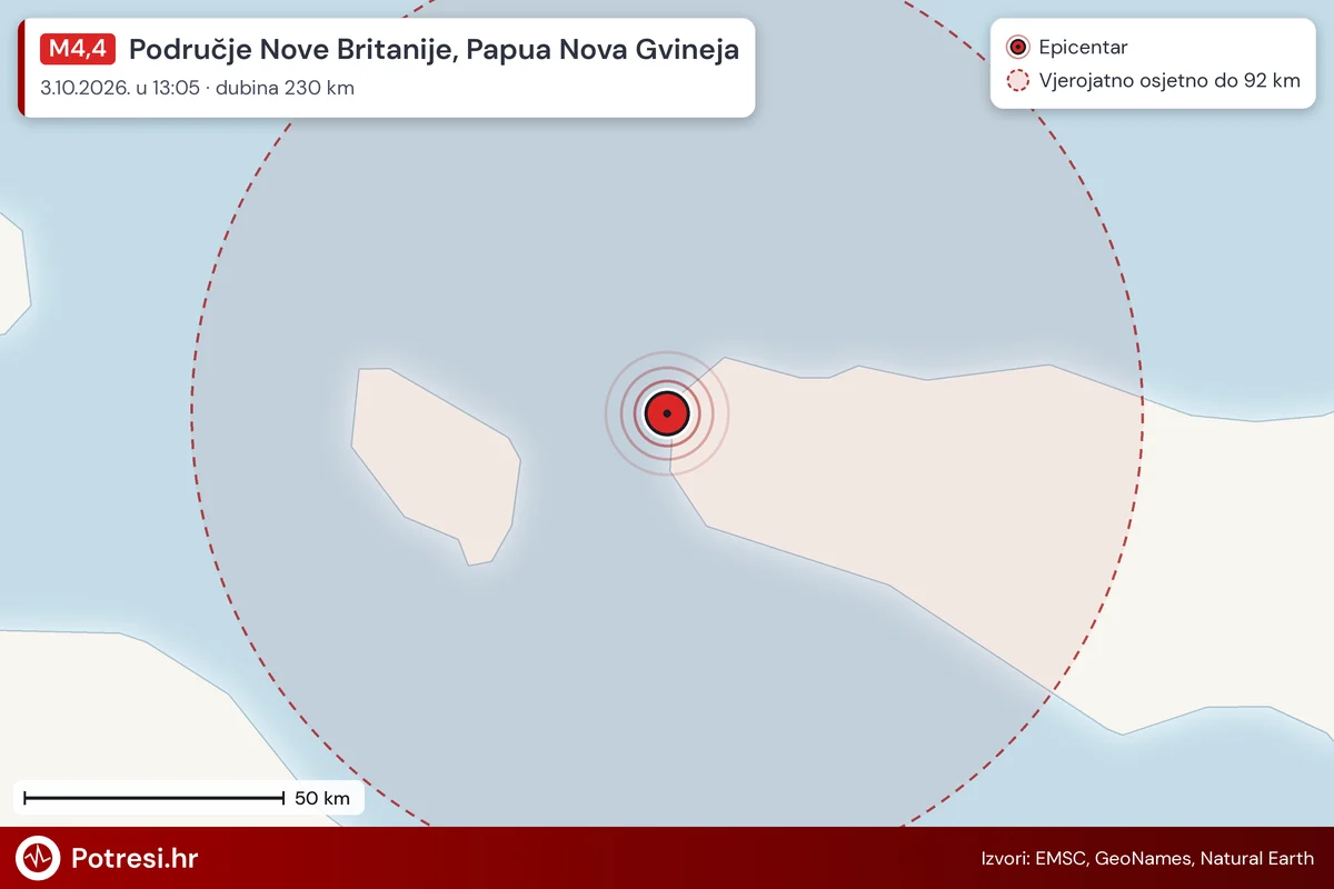 Karta: šire područje i vjerojatni doseg osjeta, potres M4,4, Područje Nove Britanije, Papua Nova Gvineja, 3.10.2026.