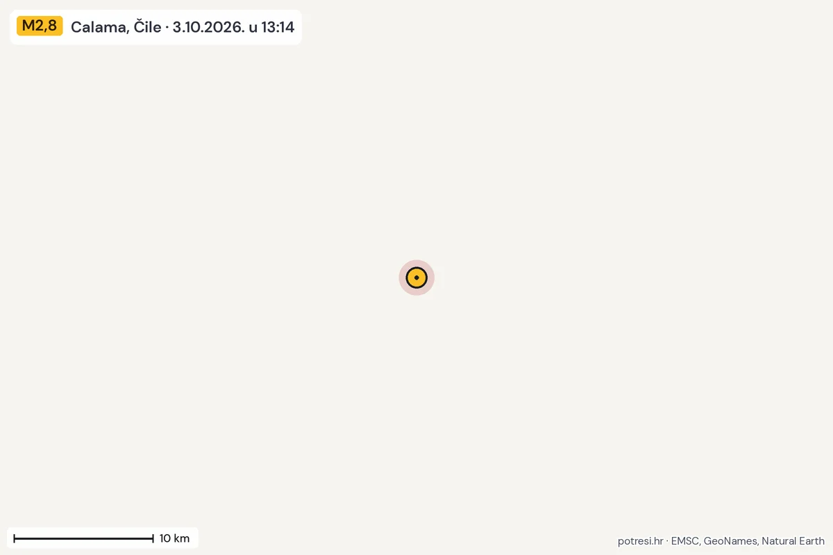 Karta: okolica epicentra, 60 km, potres M2,8, Calama, Čile, 3.10.2026.