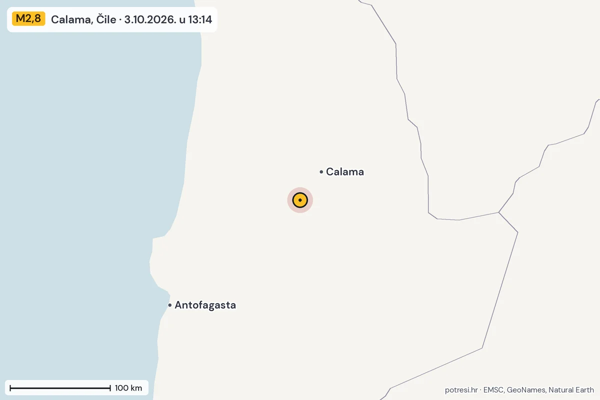 Karta: šire područje, 600 km, potres M2,8, Calama, Čile, 3.10.2026.