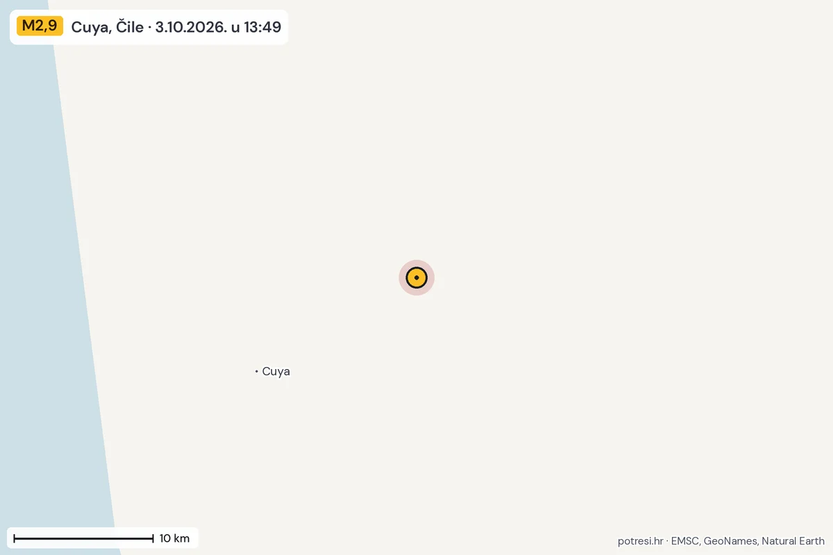 Karta: okolica epicentra, 60 km, potres M2,9, Cuya, Čile, 3.10.2026.