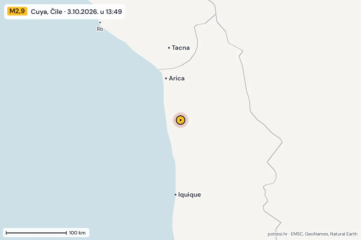 Karta: šire područje, 600 km, potres M2,9, Cuya, Čile, 3.10.2026.
