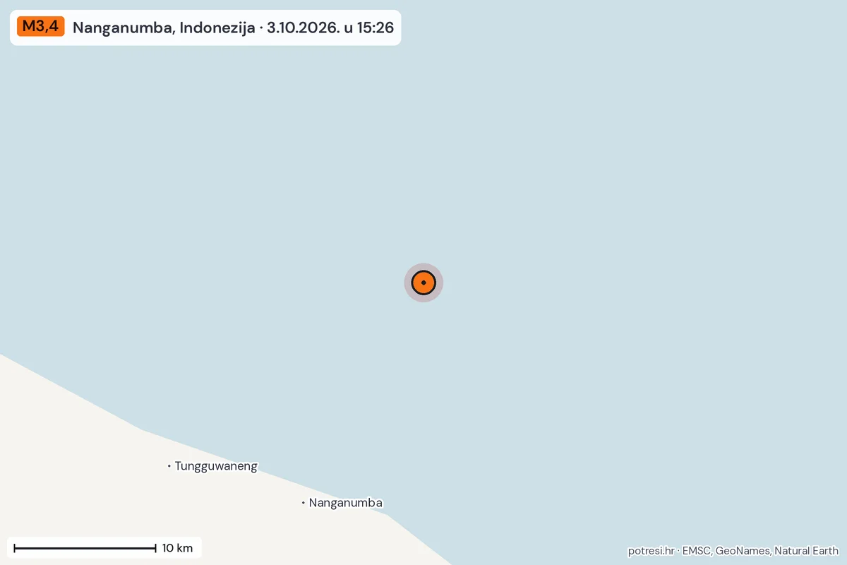 Karta: okolica epicentra, 60 km, potres M3,4, Nanganumba, Indonezija, 3.10.2026.
