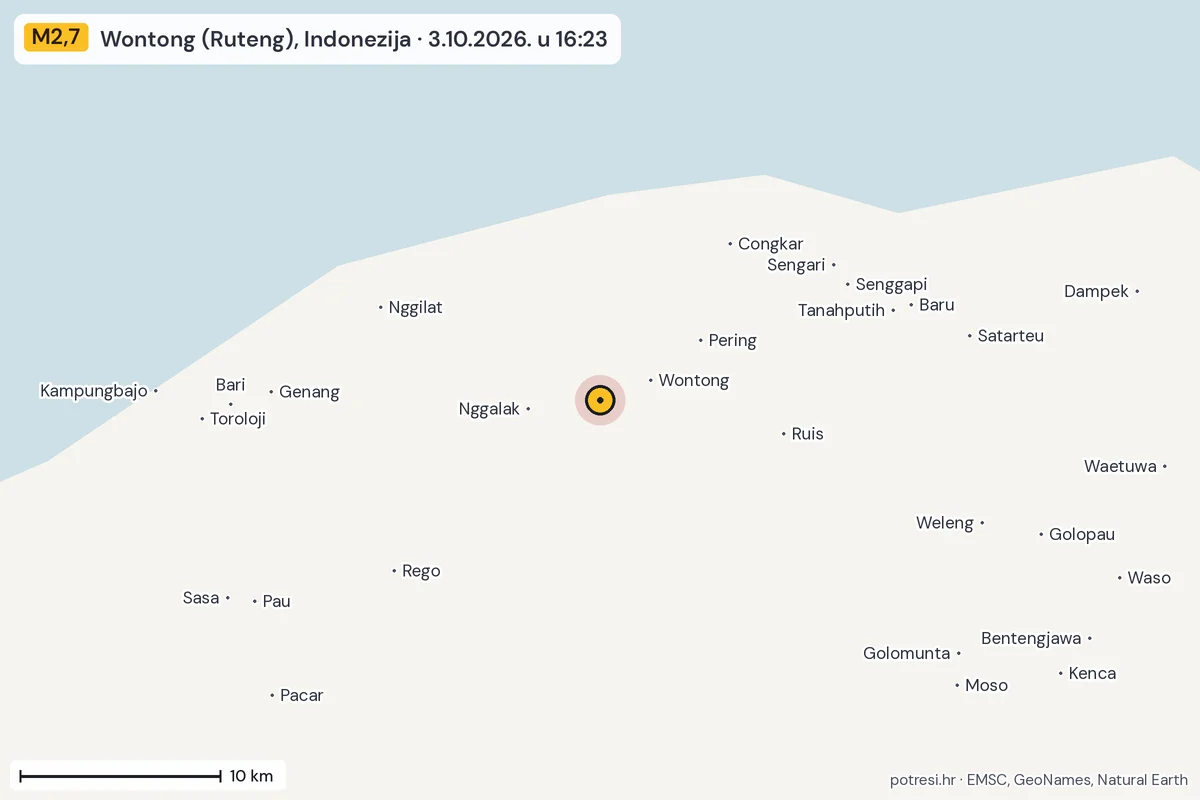 Karta: okolica epicentra, 60 km, potres M2,7, Wontong (Ruteng), Indonezija, 3.10.2026.