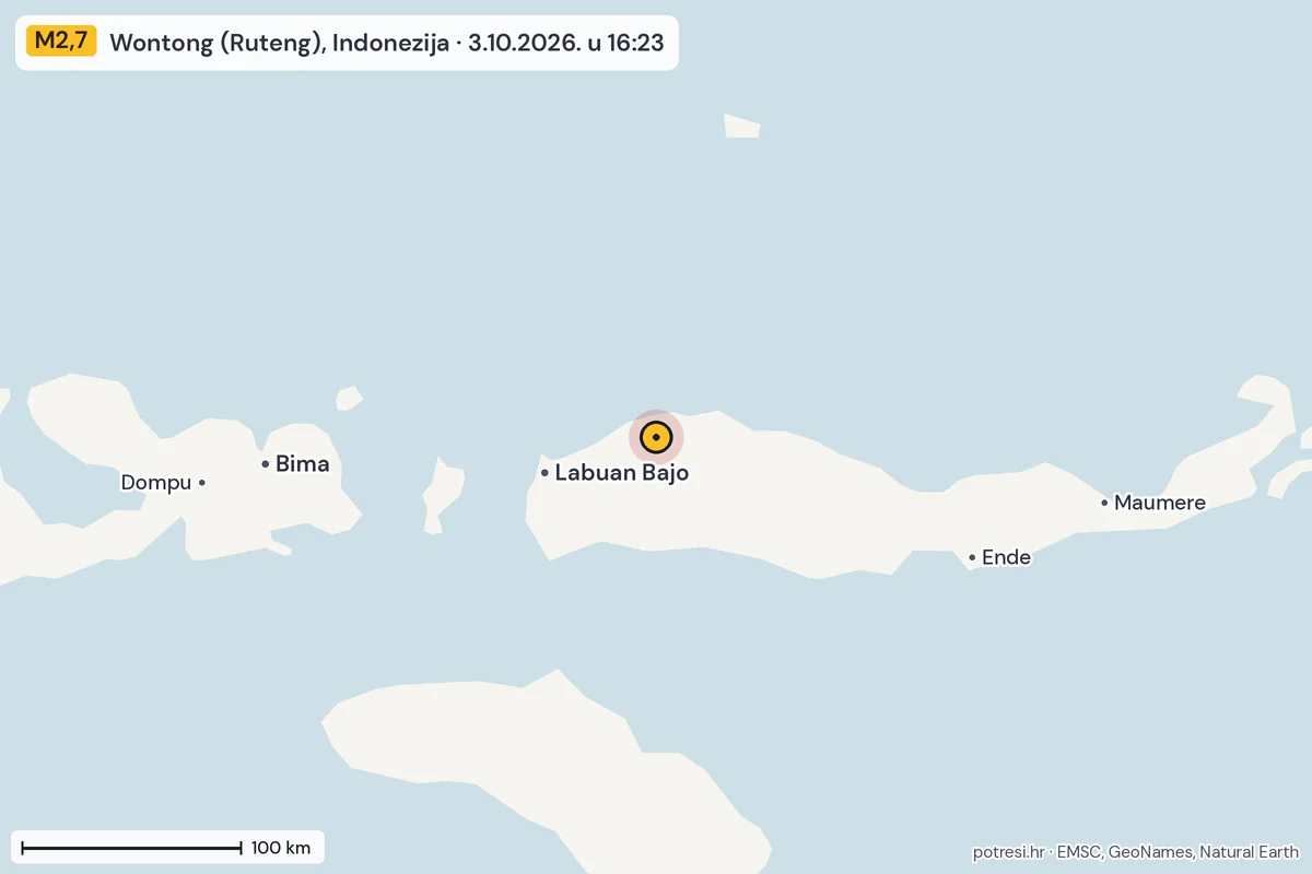 Karta: šire područje, 600 km, potres M2,7, Wontong (Ruteng), Indonezija, 3.10.2026.
