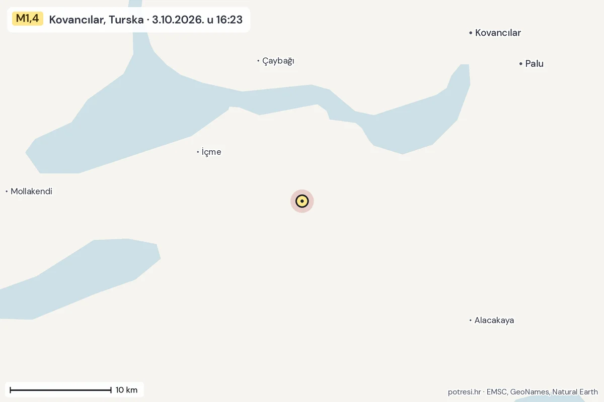 Karta: okolica epicentra, 60 km, potres M1,4, Kovancılar, Turska, 3.10.2026.