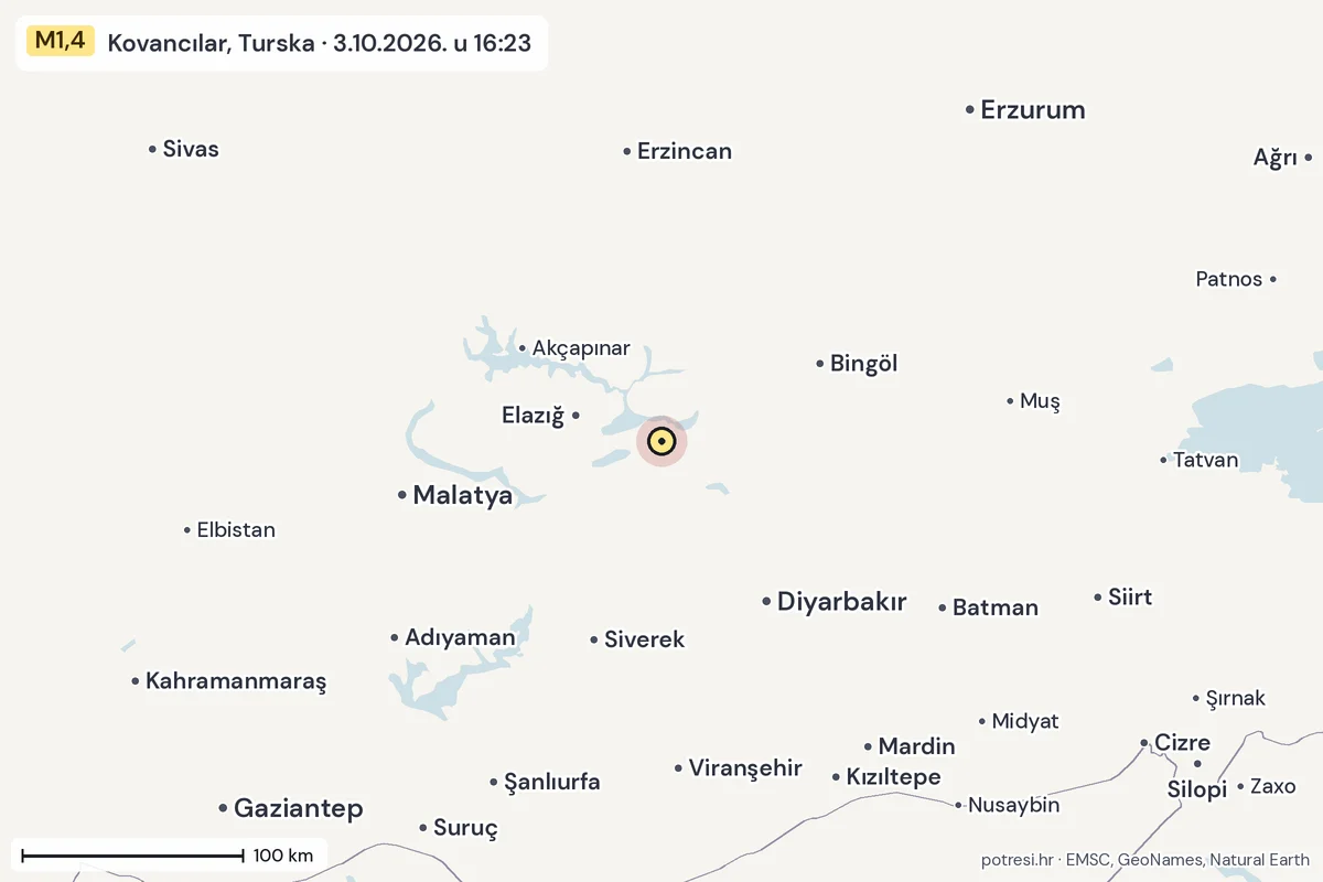 Karta: šire područje, 600 km, potres M1,4, Kovancılar, Turska, 3.10.2026.