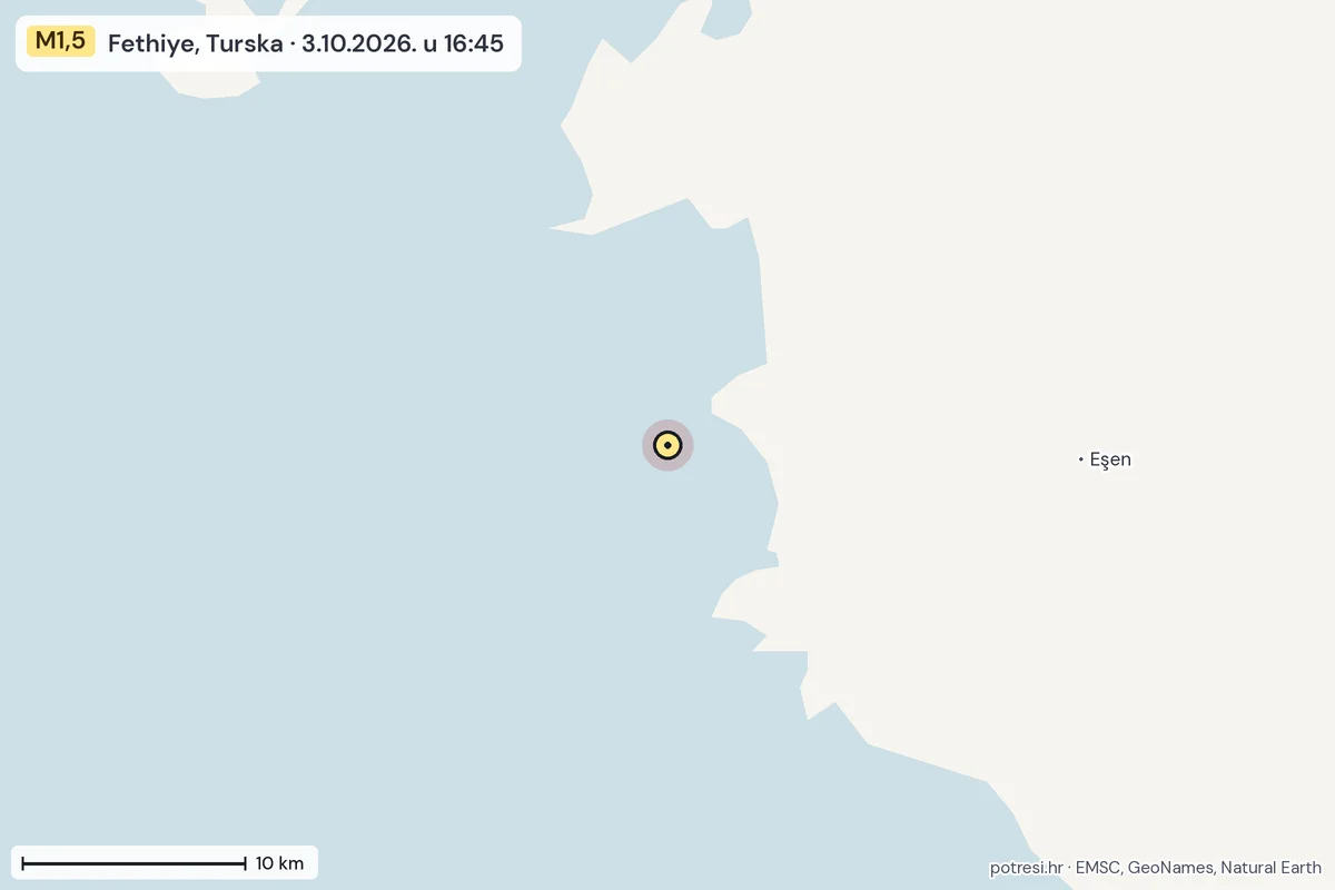 Karta: okolica epicentra, 60 km, potres M1,5, Fethiye, Turska, 3.10.2026.