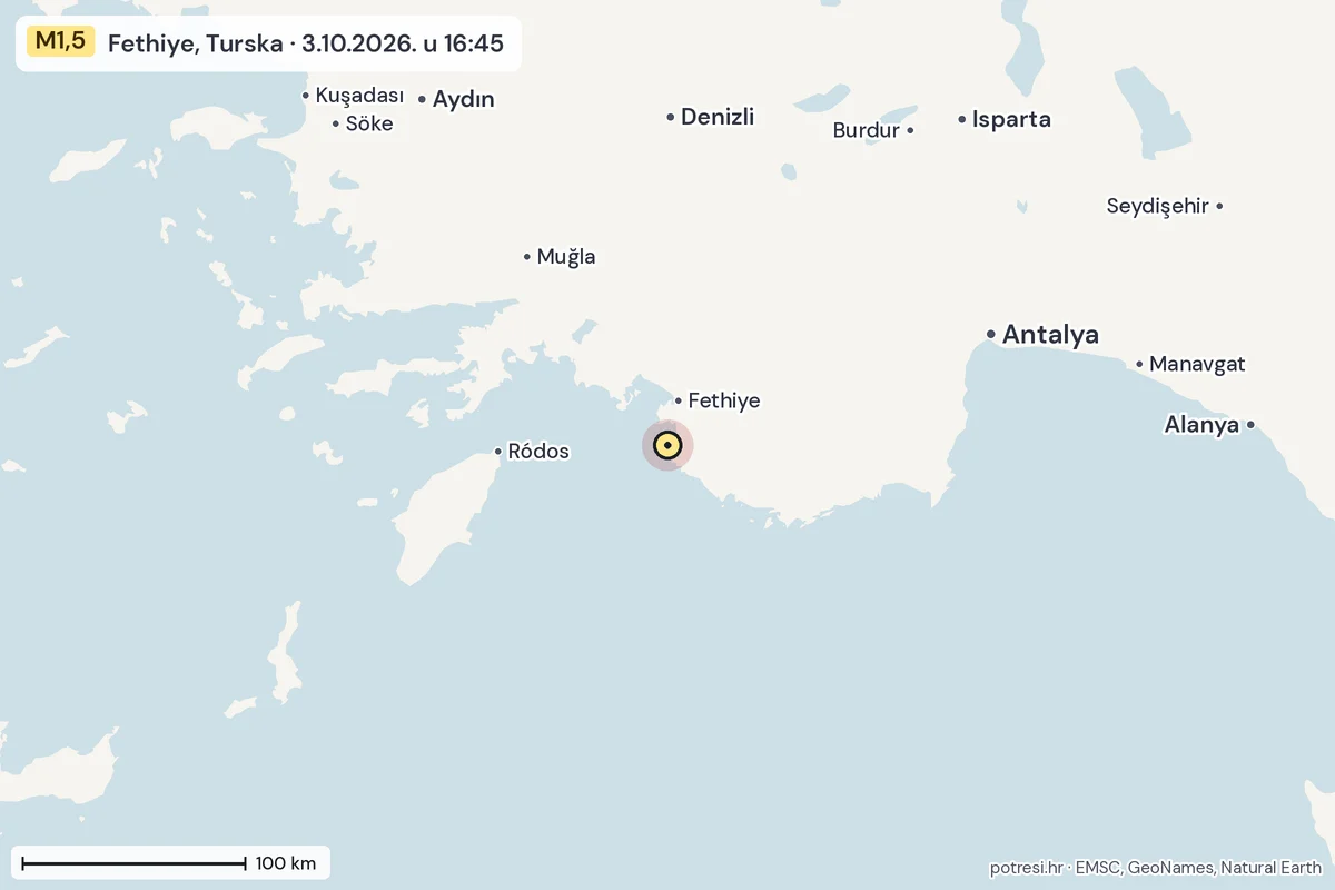 Karta: šire područje, 600 km, potres M1,5, Fethiye, Turska, 3.10.2026.