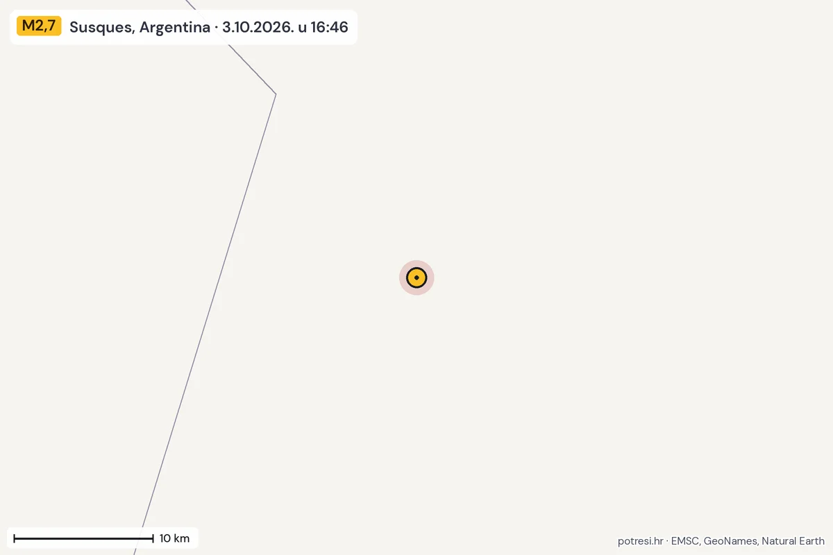 Karta: okolica epicentra, 60 km, potres M2,7, Susques, Argentina, 3.10.2026.