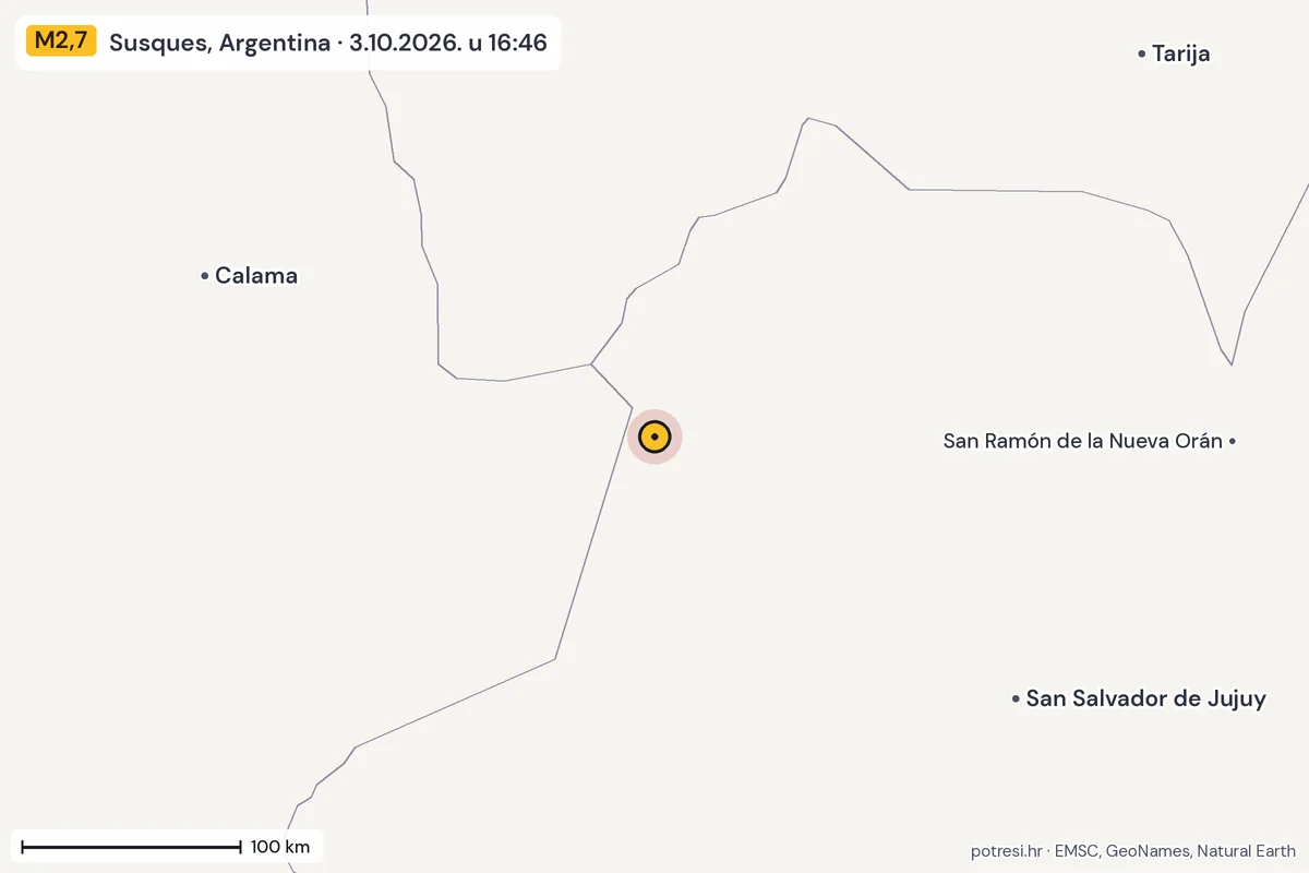Karta: šire područje, 600 km, potres M2,7, Susques, Argentina, 3.10.2026.