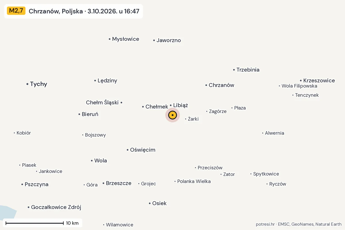 Karta: okolica epicentra, 60 km, potres M2,7, Chrzanów, Poljska, 3.10.2026.