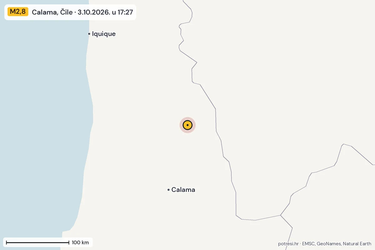 Karta: šire područje, 600 km, potres M2,8, Calama, Čile, 3.10.2026.