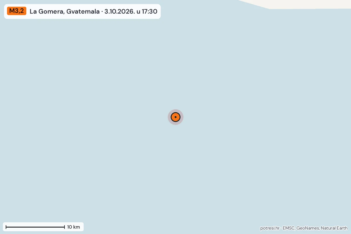 Karta: okolica epicentra, 60 km, potres M3,2, La Gomera, Gvatemala, 3.10.2026.