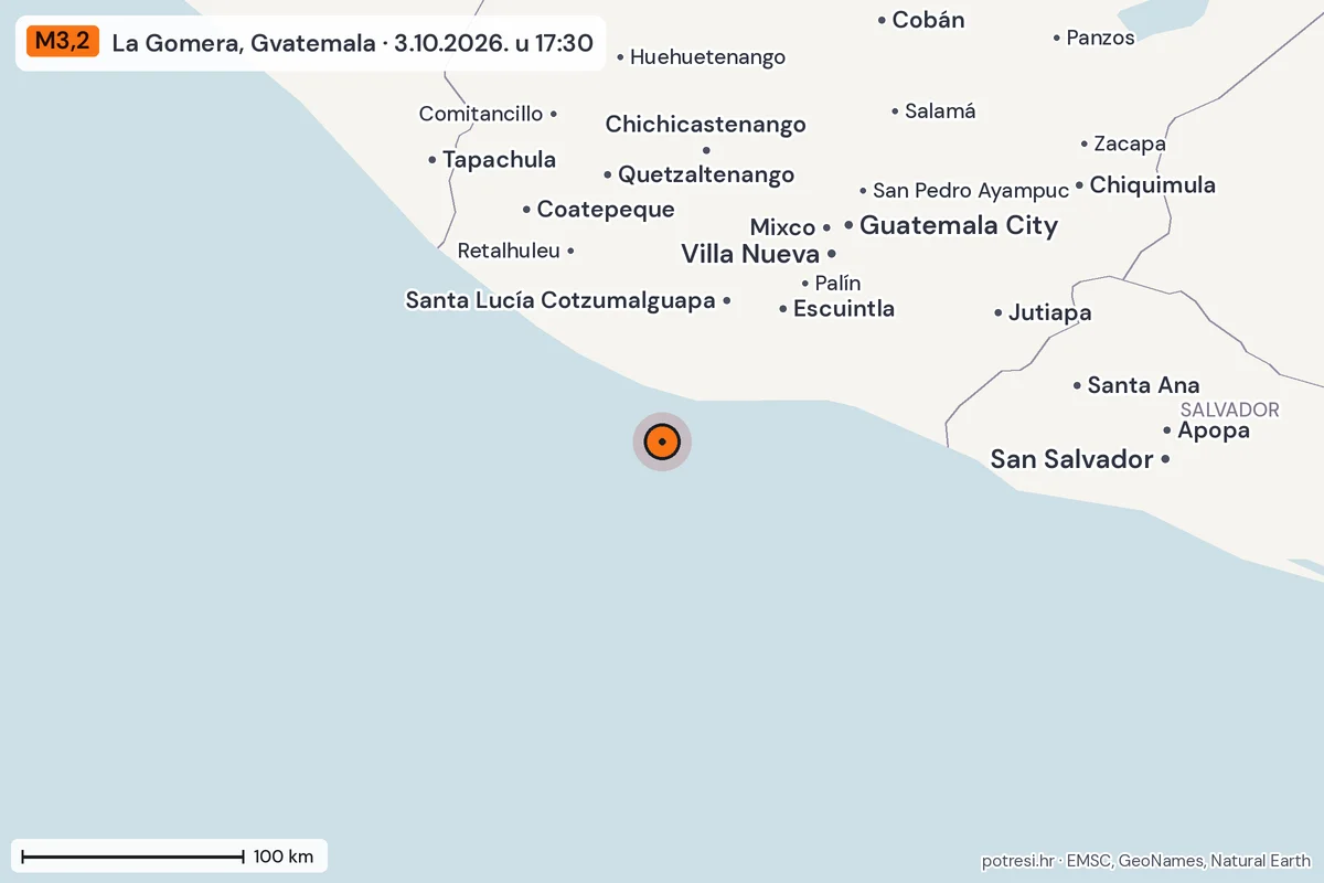Karta: šire područje, 600 km, potres M3,2, La Gomera, Gvatemala, 3.10.2026.