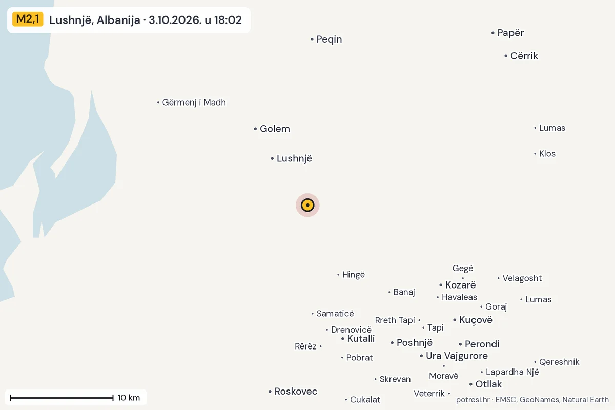 Karta: okolica epicentra, 60 km, potres M2,1, Lushnjë, Albanija, 3.10.2026.