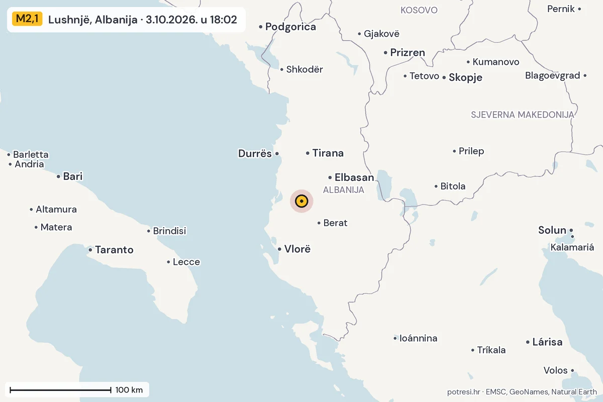 Karta: šire područje, 600 km, potres M2,1, Lushnjë, Albanija, 3.10.2026.