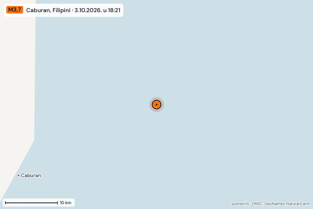 Karta: okolica epicentra, 60 km, potres M3,7, Caburan, Filipini, 3.10.2026.