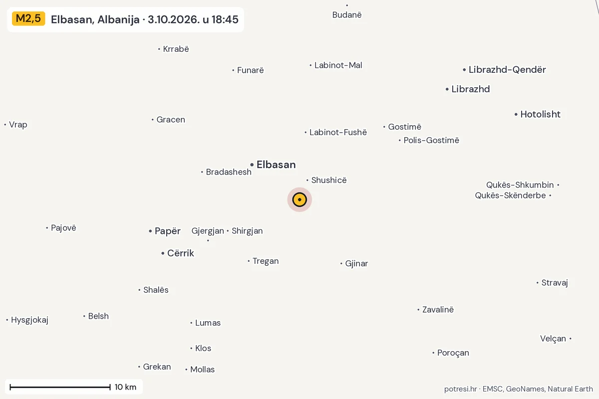 Karta: okolica epicentra, 60 km, potres M2,5, Elbasan, Albanija, 3.10.2026.
