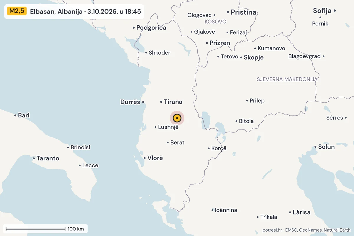 Karta: šire područje, 600 km, potres M2,5, Elbasan, Albanija, 3.10.2026.