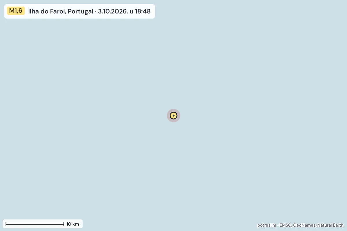 Karta: okolica epicentra, 60 km, potres M1,6, Ilha do Farol, Portugal, 3.10.2026.