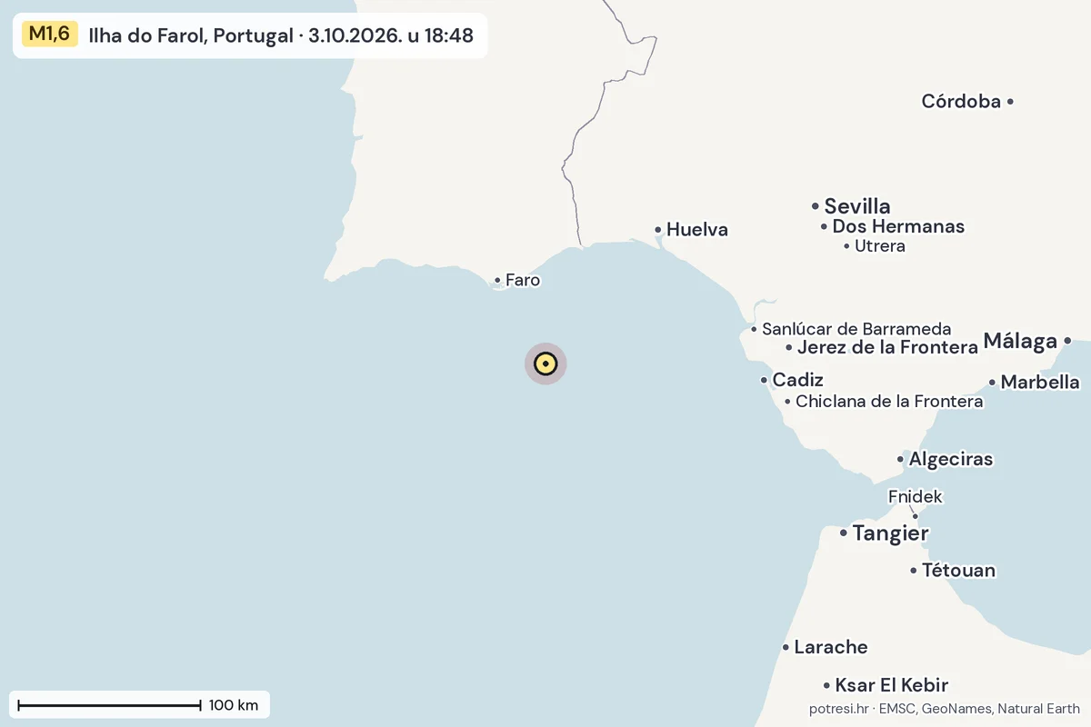Karta: šire područje, 600 km, potres M1,6, Ilha do Farol, Portugal, 3.10.2026.