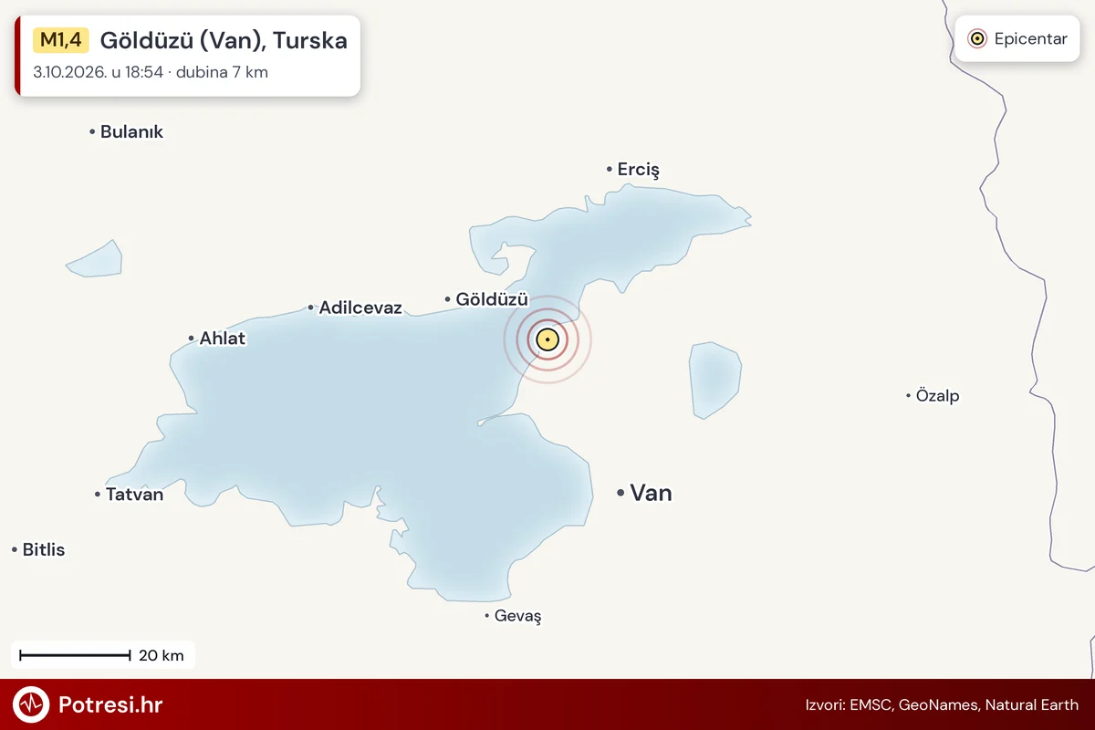 Karta: šire područje i vjerojatni doseg osjeta, potres M1,4, Göldüzü (Van), Turska, 3.10.2026.