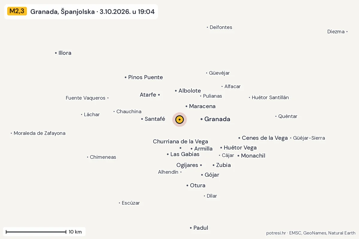 Karta: okolica epicentra, 60 km, potres M2,3, Granada, Španjolska, 3.10.2026.
