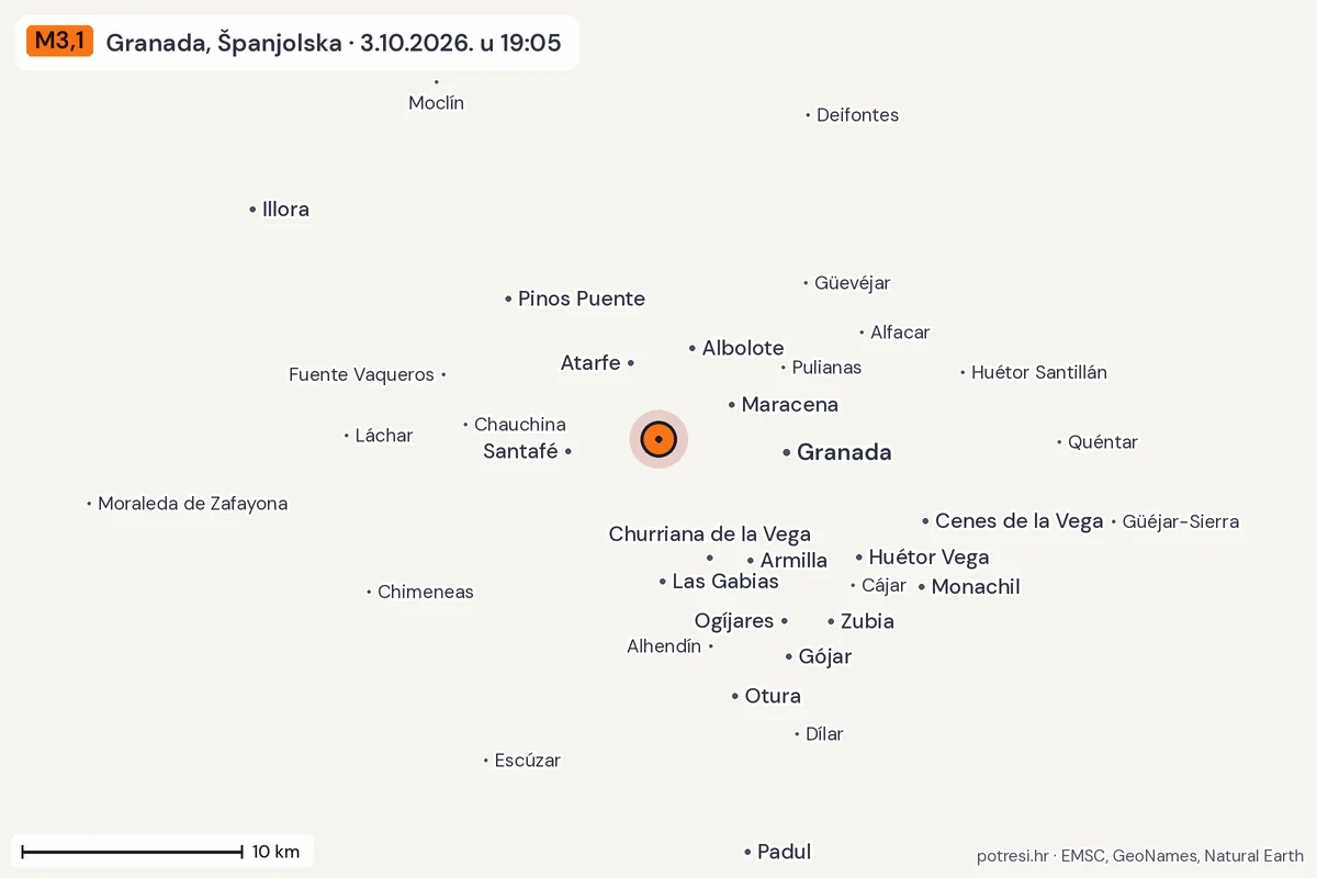 Karta: okolica epicentra, 60 km, potres M3,1, Granada, Španjolska, 3.10.2026.