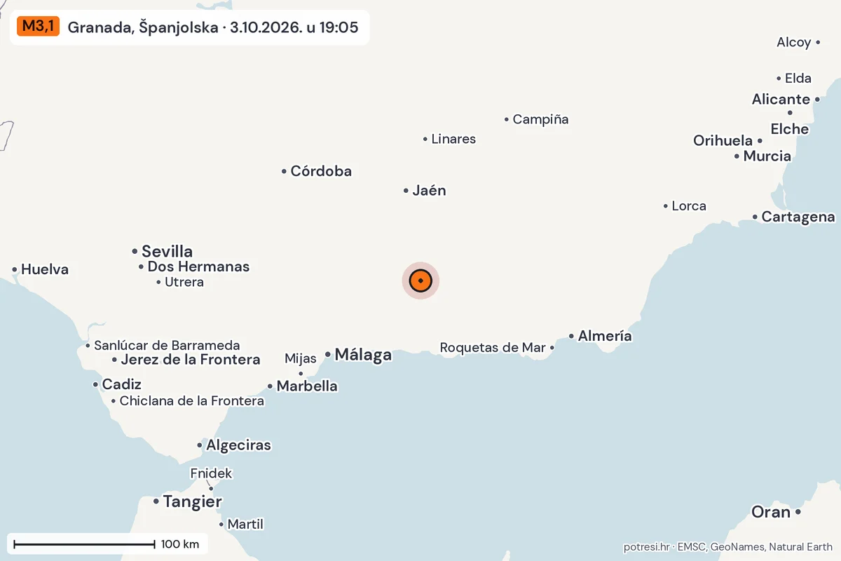 Karta: šire područje, 600 km, potres M3,1, Granada, Španjolska, 3.10.2026.